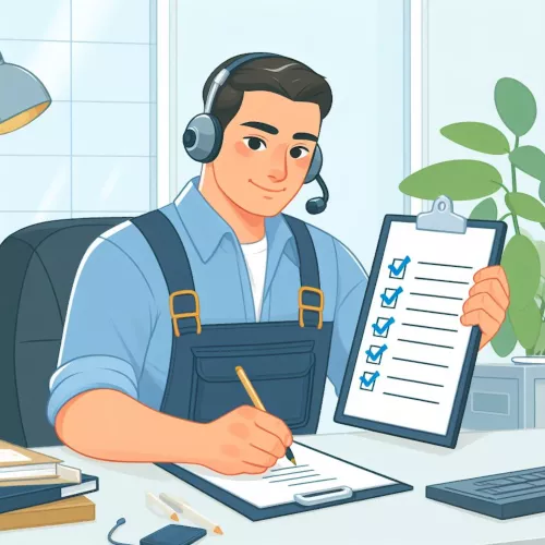 Auf diesem Foto, ist ein animierter Mann mit Headset und einer Checkliste abgebildet. Er notiert sich nebenbei etwas auf einem Zettel