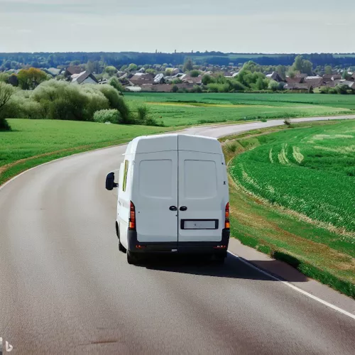 Dies ist ein Foto, welches einen weißen Transporter auf einer Straße zeigt. Um die Straße sind grüne Wiesen und im Horizont sind Dächer zu sehen