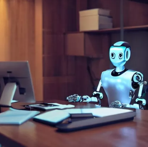 Auf diesem Foto ist ein Roboter abgebildet, welcher an einem Schreibtisch sitzt und in einem Computer guckt