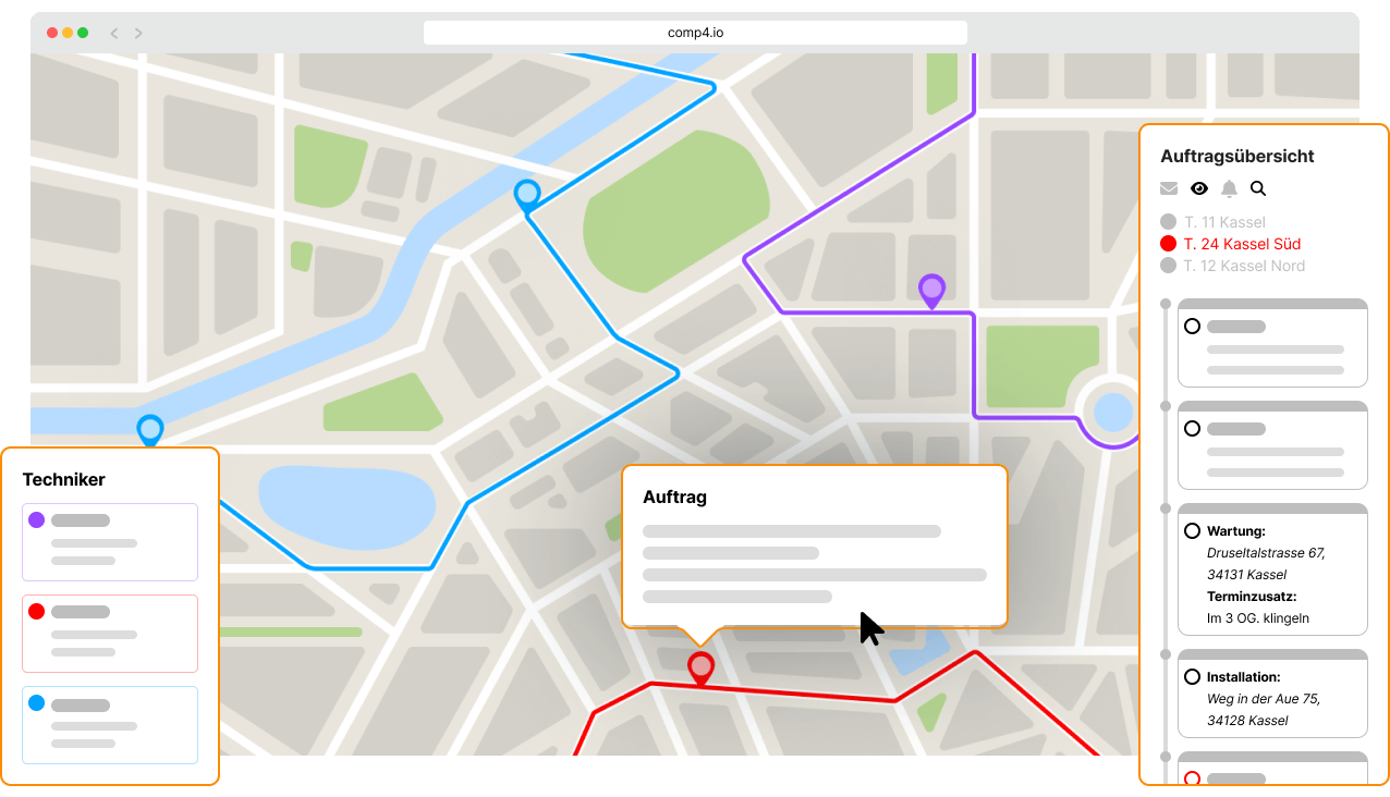 Dies ist eine minimalistische UI-Darstellung der Routenoptimierungs-Funktion von COMP4. Zu sehen ist eine Karte mit drei Routen.