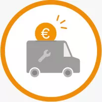 Eine Ikone eines Arbeitswagens mit einer Euro-Münze darüber, die Geld sparen symbolisiert.